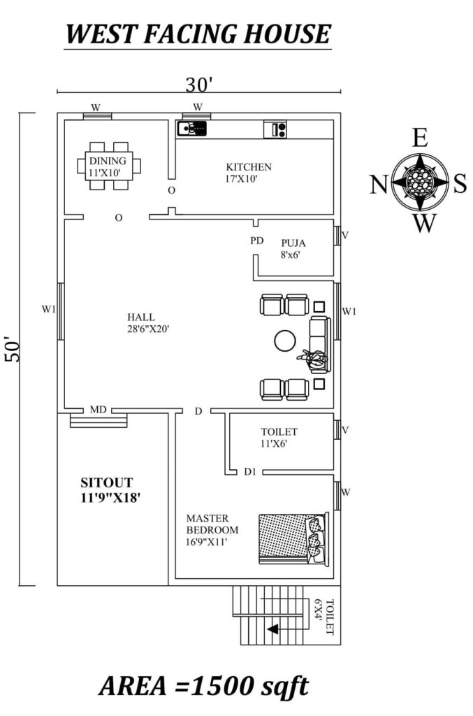 30X50 west facing house plan