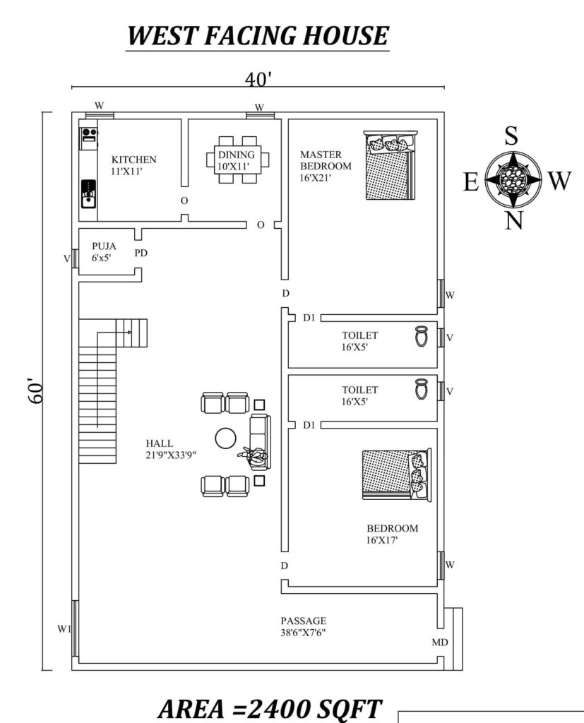 40x60 west facing house plan