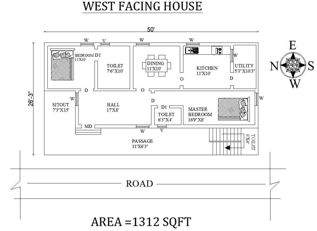 50'x26'-3" West facing house plan