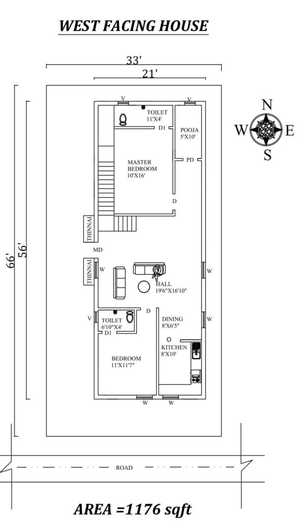 21X56 WEST FACING HOUSE PLAN