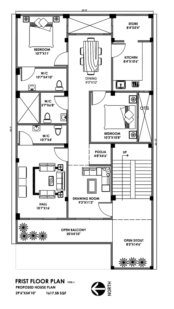 29-6X54-10 NORTH FACING HOUSE PLAN