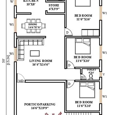 30X50 NORTH FACING HOUSE PLAN